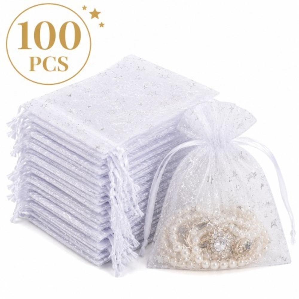 100 White Organza‎ Star Drawstring Gift Bags 3.5" x 4.5" Party Favor Pouches